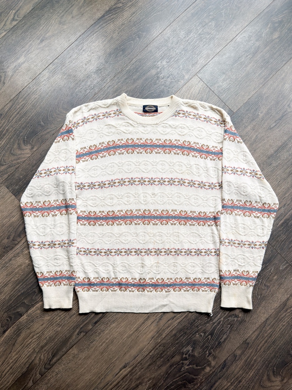 Towncraft Men’s LT Cotton Sweater Geometric 3D Textured Knit Cream Vintage 90s